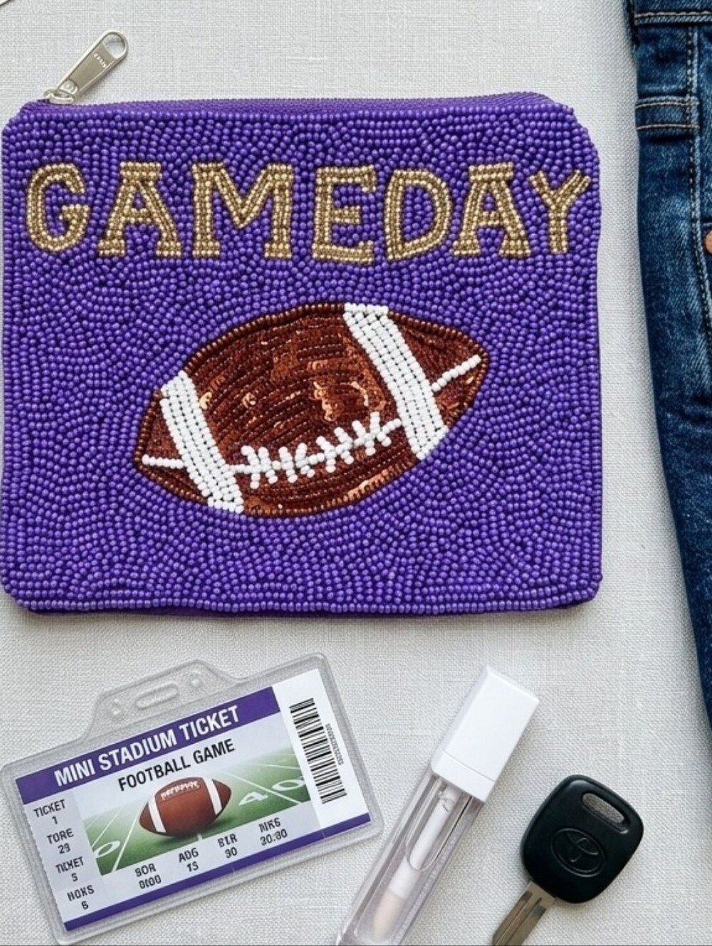 Beaded 'GAMEDAY' Purple Football Coin Pouch